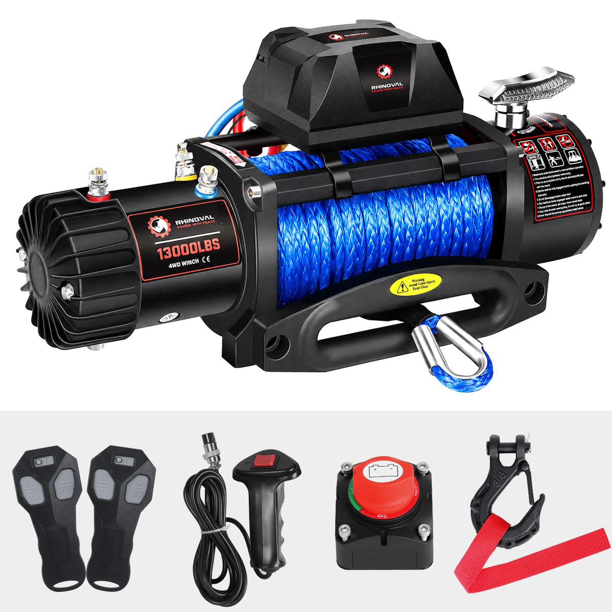 RHINOVAL 13000lb Electric Winch, Synthetic Rope Green, Battery Disconnect Switch, Low Profile Control Box, 12V, IP67…