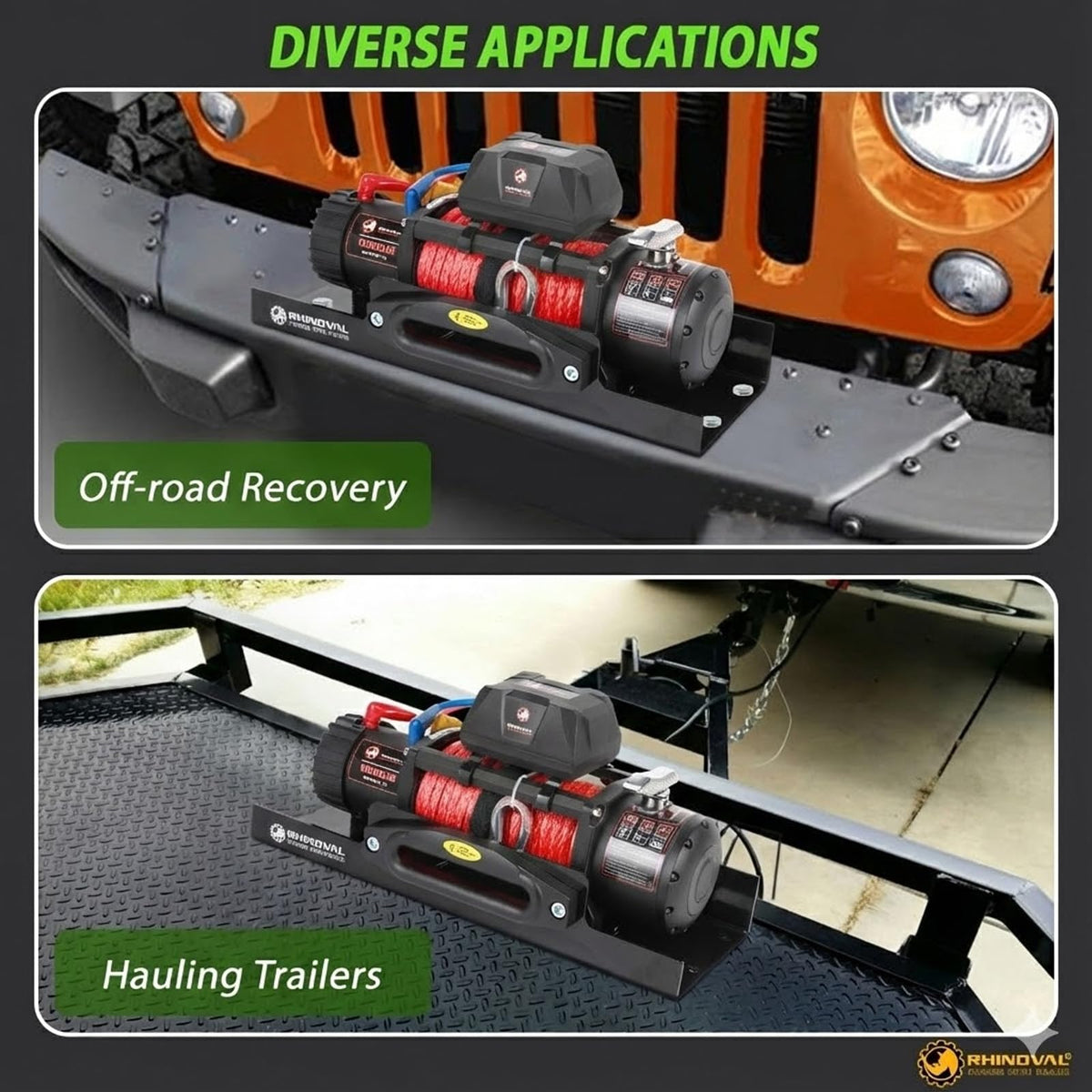 RHINOVAL 13000lb Electric Winch, Synthetic Rope, Battery Disconnect Switch, Low Profile Control Box, 12V, IP67 Waterproof…