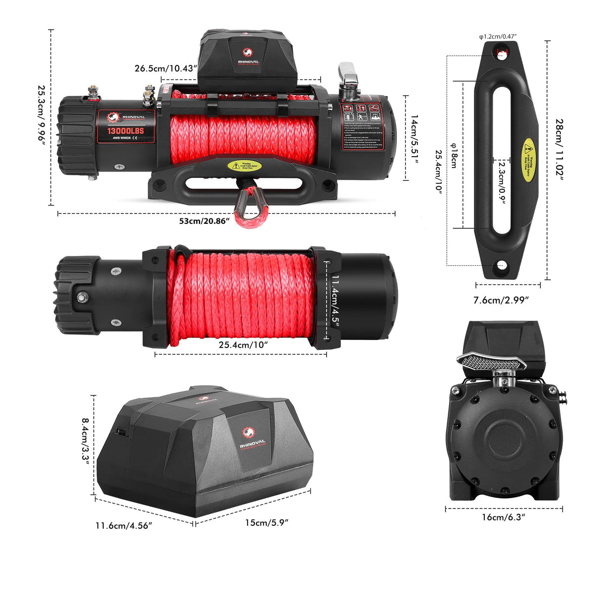 RHINOVAL 13000lb Electric Winch, Synthetic Rope, Battery Disconnect Switch, Low Profile Control Box, 12V, IP67 Waterproof…