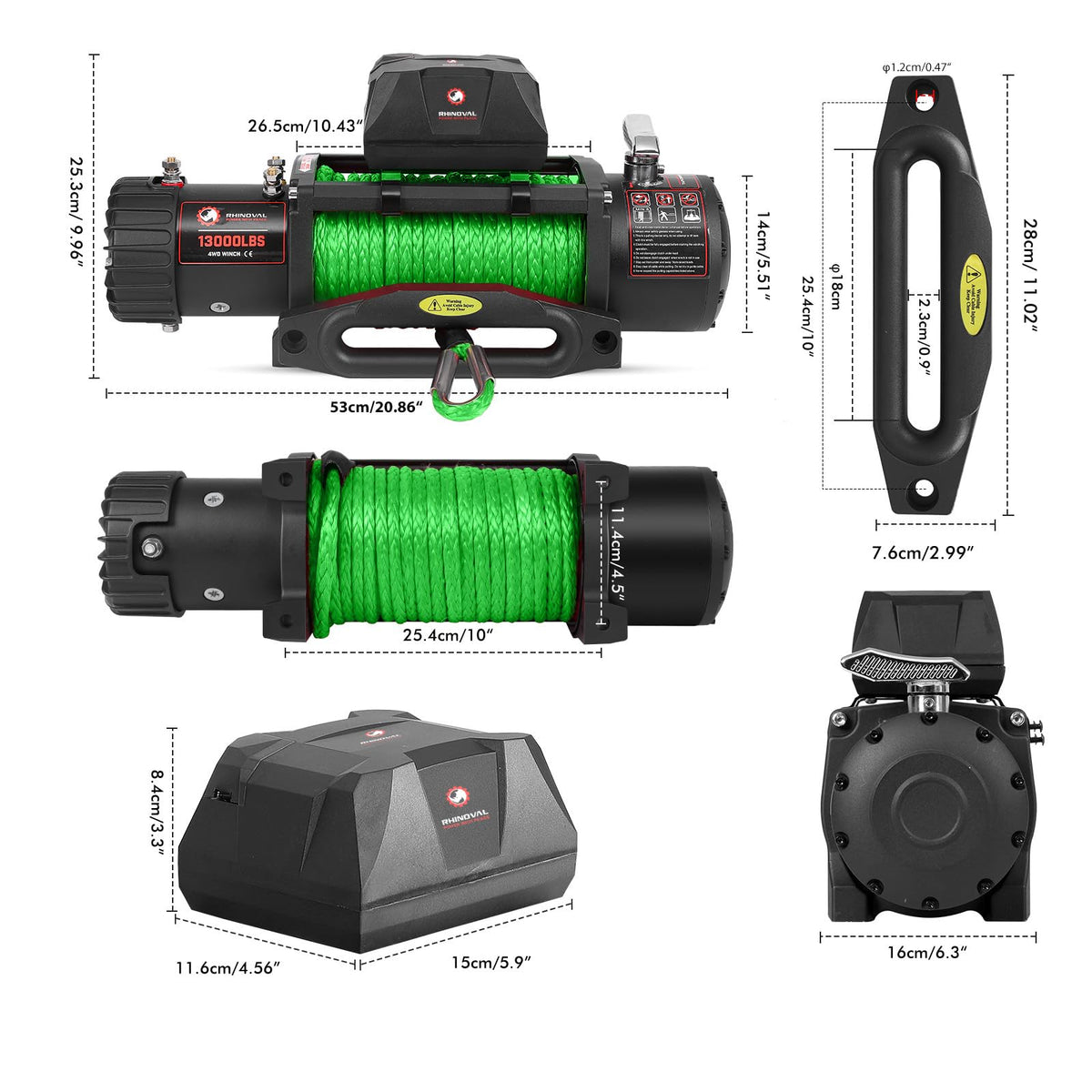 RHINOVAL 13000lb Electric Winch, Synthetic Rope, Battery Disconnect Switch, Low Profile Control Box, 12V, IP67 Waterproof…