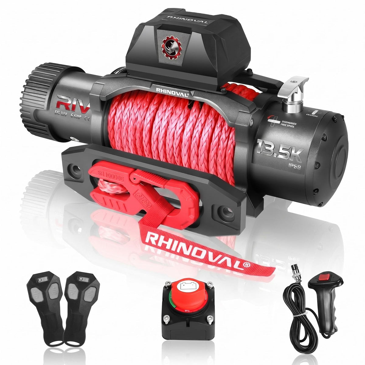 RHINOVAL 13,500lb Winch: IP68 Waterproof, Patent-Pending Smooth Clutch, 30K lb Tow Hook, Recessed Magnetic Fairlead. Flexible…