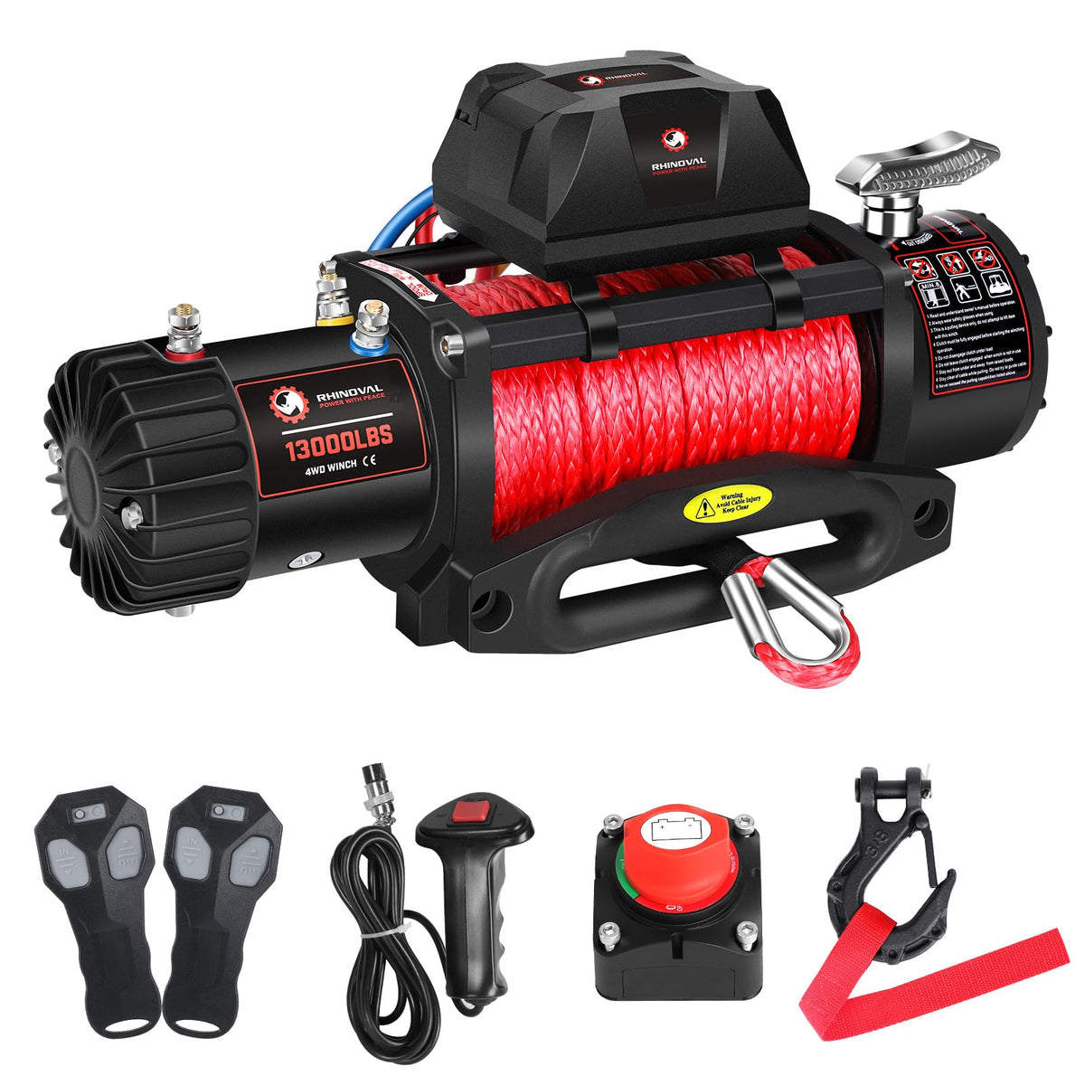 RHINOVAL 13000lb Electric Winch, Synthetic Rope, Battery Disconnect Switch, Low Profile Control Box, 12V, IP67 Waterproof…