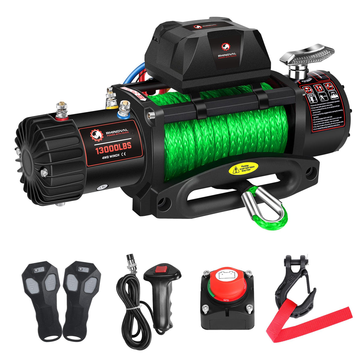 RHINOVAL 13000lb Electric Winch, Synthetic Rope, Battery Disconnect Switch, Low Profile Control Box, 12V, IP67 Waterproof…