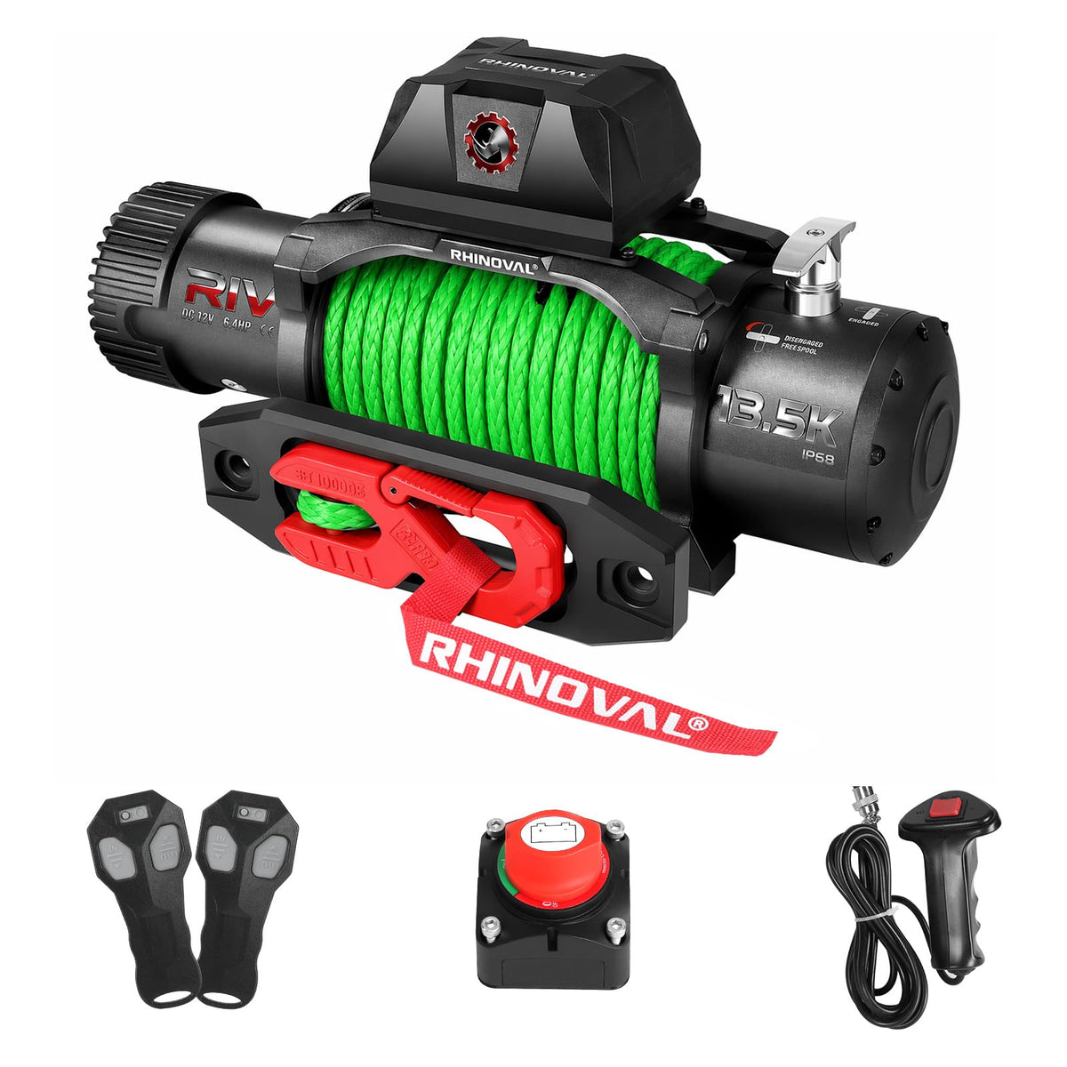 RHINOVAL 13,500lb Winch: IP68 Waterproof, Patent-Pending Smooth Clutch, 30K lb Tow Hook, Recessed Magnetic Fairlead. Flexible Mount Control Box, 2 Wireless Remotes for Jeep, Truck, SUV & Trailer.