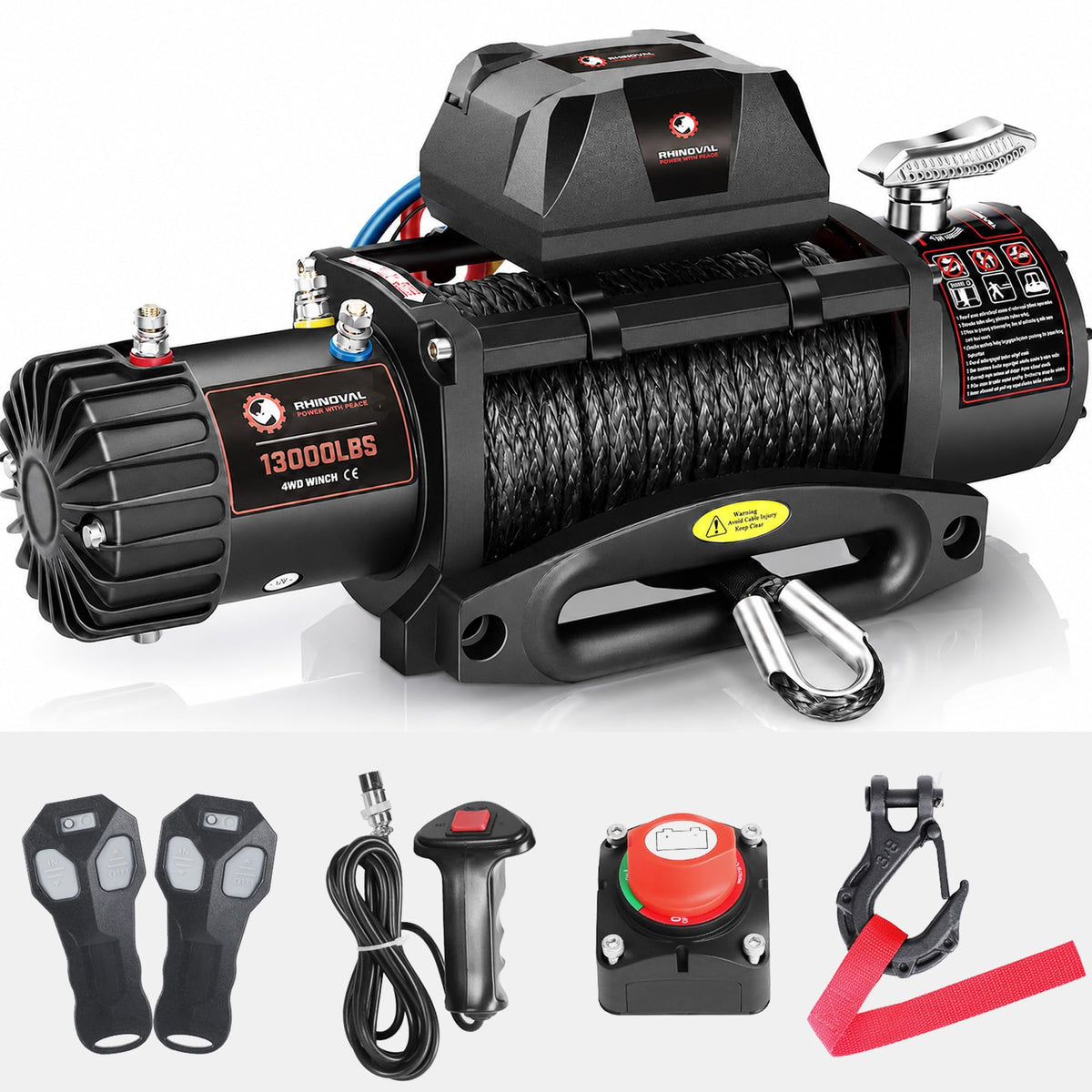 RHINOVAL 13000lb Electric Winch, Synthetic Rope Green, Battery Disconnect Switch, Low Profile Control Box, 12V, IP67…
