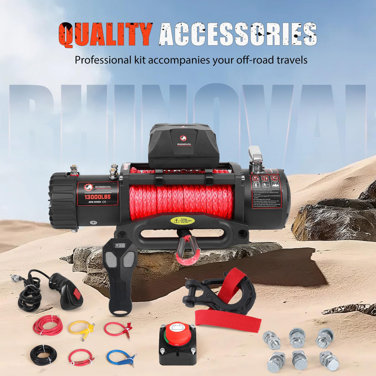RHINOVAL 13000lb Electric Winch, Synthetic Rope, Battery Disconnect Switch, Low Profile Control Box, 12V, IP67 Waterproof…