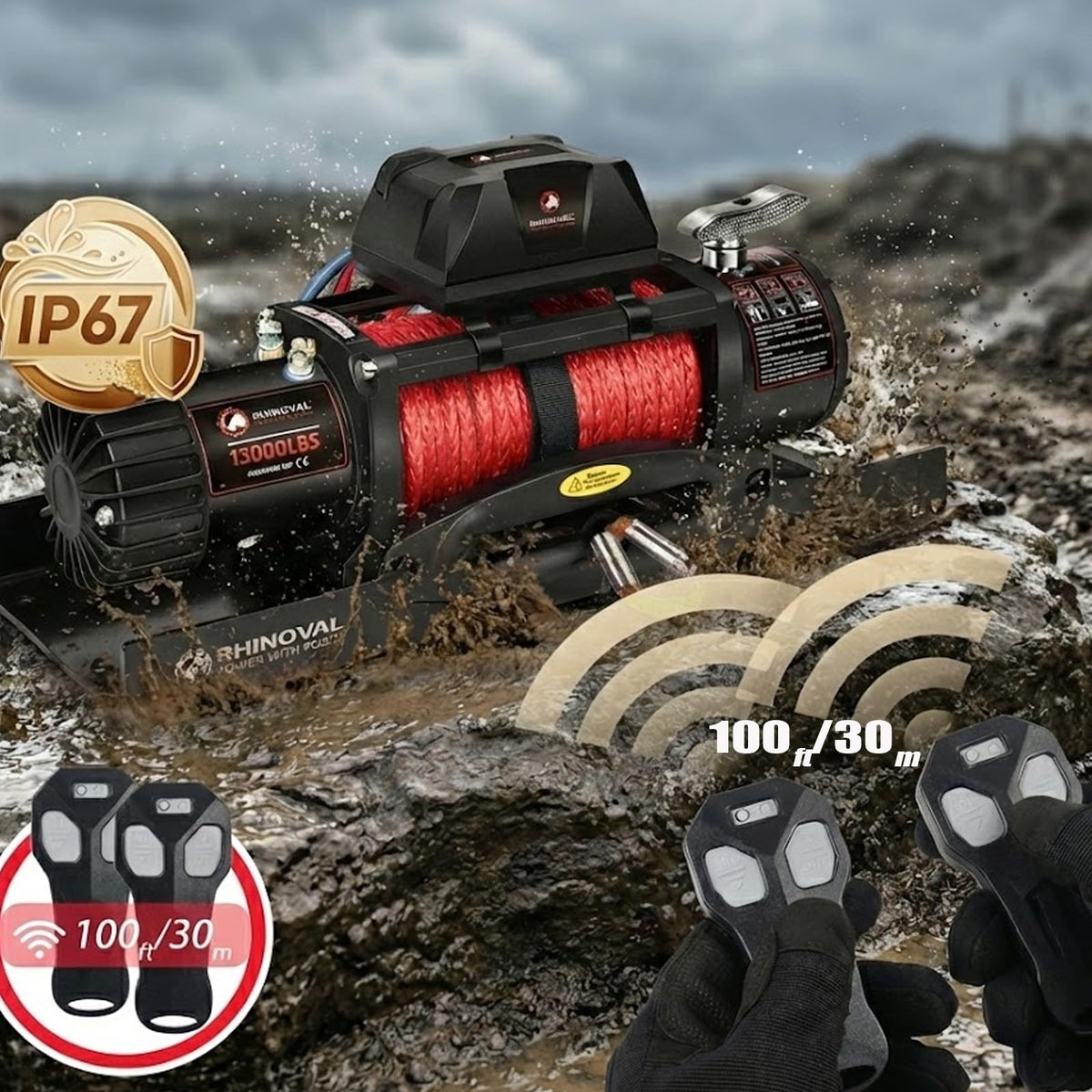 RHINOVAL 13000lb Electric Winch, Synthetic Rope, Battery Disconnect Switch, Low Profile Control Box, 12V, IP67 Waterproof…